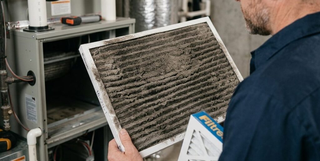 - 2nd Wind HVAC man inspecting dirty AC filter