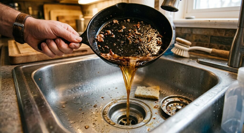 pouring-grease-down-kitchen-sink - 2nd Wind HVAC man pouring bacon grease down a kitchen sink drain