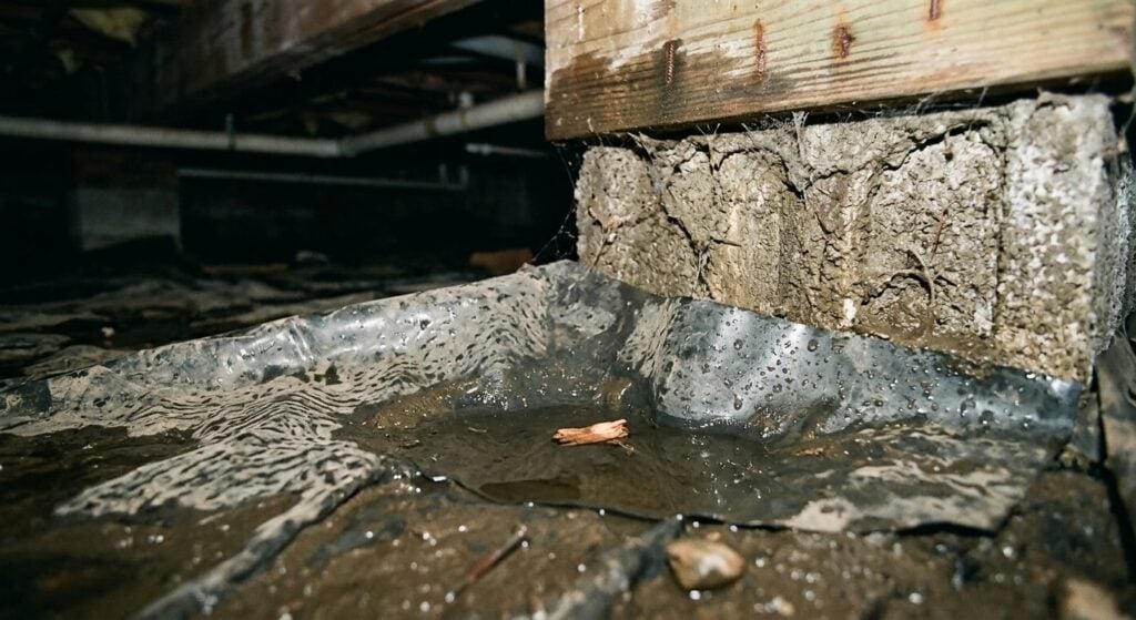 wet-crawl-space - 2nd Wind HVAC Dimly lit basement crawl space with a muddy puddle along the concrete foundation and a wooden joist above; a small twig floats in the water.